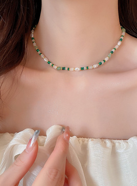 天然石珍珠绿色串珠项链新中式国风气质锁骨链小众级感项饰