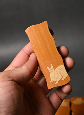 留青竹刻牙签盒非遗留青老料手工雕刻竹节款拔盖式