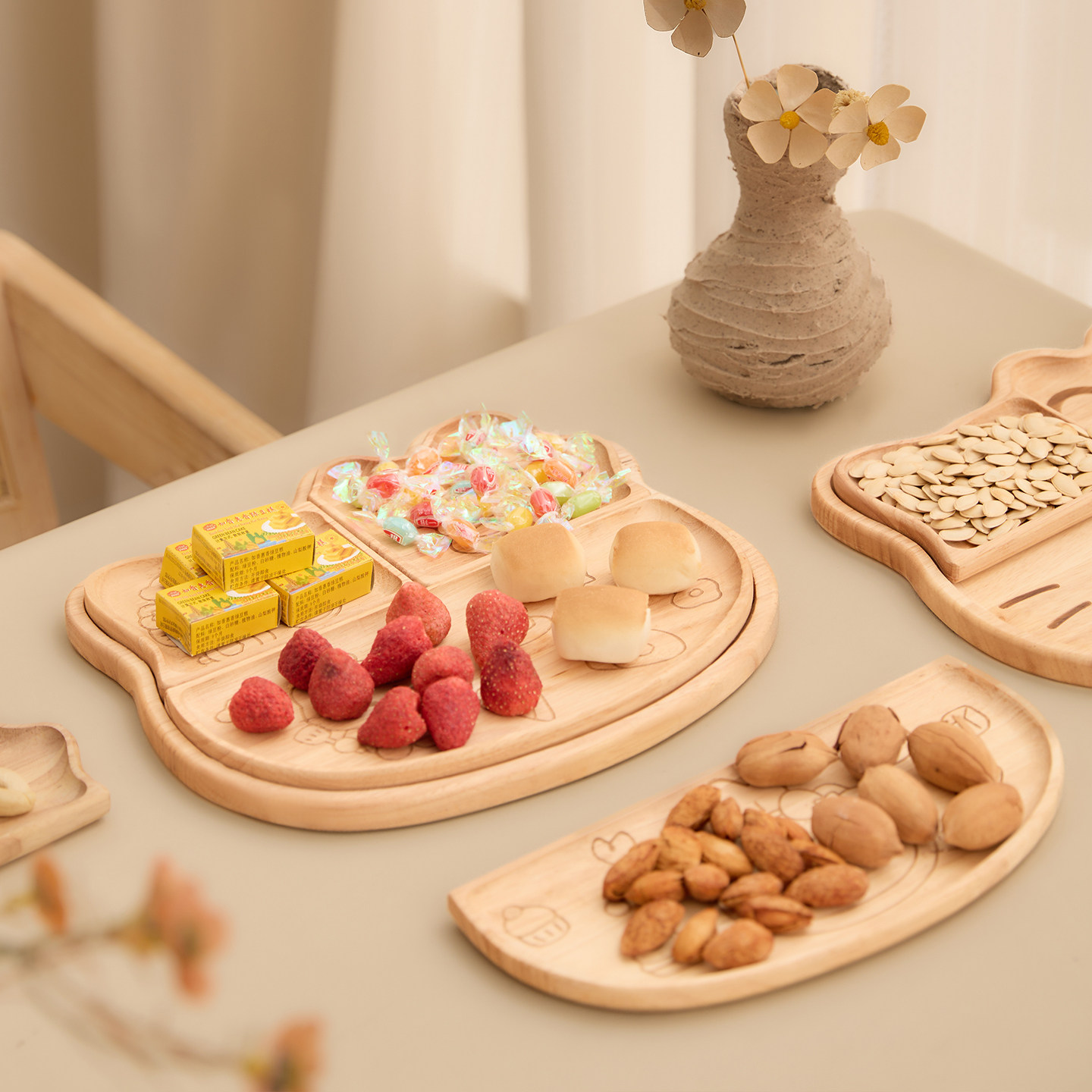 日式猫咪木质面包糕点托盘甜品餐盘茶桌漂亮的分格分区零食点心碟,淘宝优惠券,粉丝福利购,淘宝优惠卷