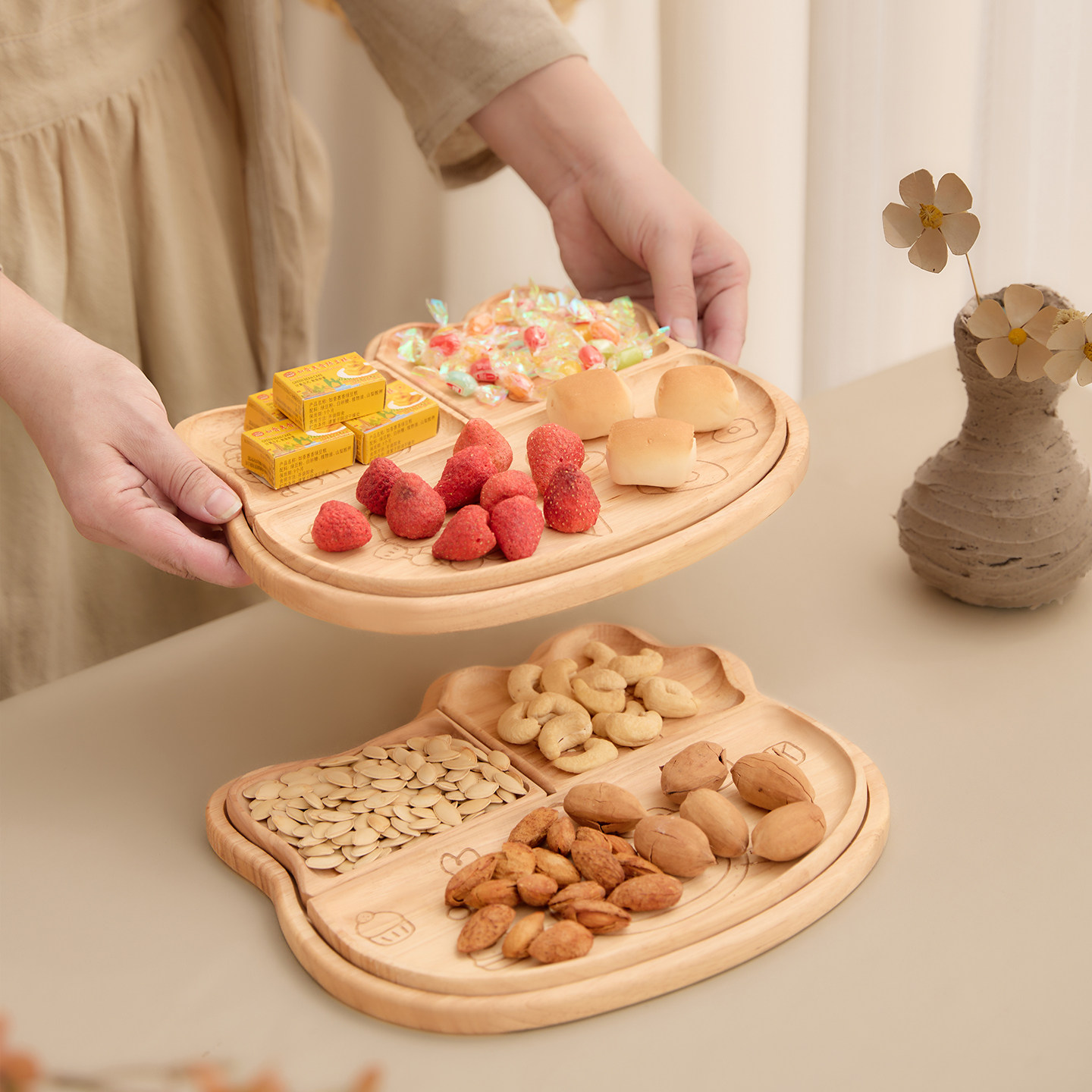 日式猫咪木质面包糕点托盘甜品餐盘茶桌漂亮的分格分区零食点心碟,淘宝优惠券,粉丝福利购,淘宝优惠卷