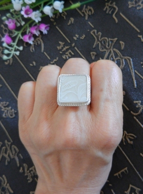 纯手工925纯银镶嵌 宋 定窑 花卉纹 古瓷老瓷片首饰礼品 活口戒指