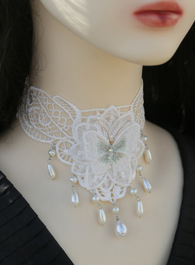 白色蕾丝镂空项链颈饰颈链复古疤痕遮盖锁骨新娘流苏领子蕾丝项链