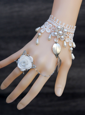 lolita配饰白色手链戒指一体新娘哥特复古蕾丝爆款花朵树叶手腕