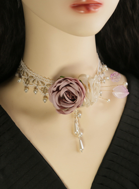 粉白手工项链新款蕾丝洛丽塔气质公主花朵复古项圈锁骨颈链配饰