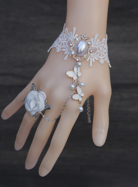 复古lolita宫廷配饰哥特白色蕾丝饰品手链戒指一体高颜值爆款时尚