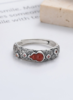 YES 做旧南红玛瑙小葫芦戒指S925银复古气质镂空纹路潮流开口对戒
