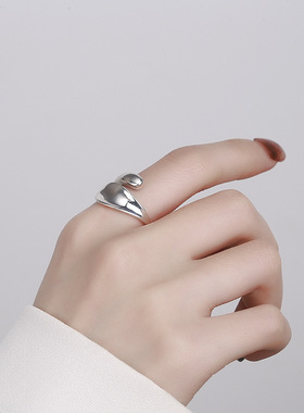 YES 水滴S925纯银ins冷淡风简约光面不规则造型潮流百搭开口戒指