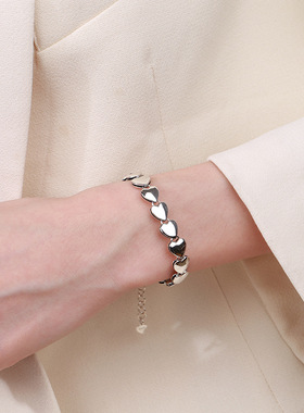 潮流个性S925纯银韩版创意个性扁爱心拼接链少女心潮流百搭手链女