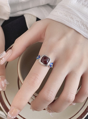 YES 小众S925纯银祥云蜜蜡琥珀戒指复古祥云血珀指环食指戒高级