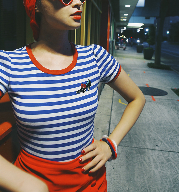 Shimmy Shimmy复古摇摆舞海军风蓝白条纹彩虹T恤bodysuit连体衣-图1