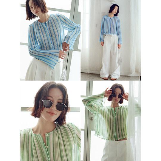Even Vintage| Compression pleated process vertical strip texture spring and summer fashionable sun protection versatile long-sleeved chiffon top