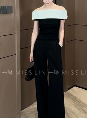 【缪斯之语】黑白撞色夏季气质款短袖修身显瘦一字肩简约短袖上衣