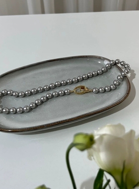 高品质不掉色！金扣真多麻银灰色施家珍珠项链强光复古时尚毛衣链