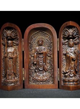 大量批发工艺品黄杨木雕刻日大如来三开福禄寿三开西方三圣三开盒