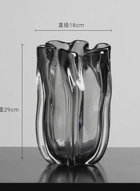 现代轻奢灰色花瓣口琉璃花瓶餐桌电视柜家居客厅玄关装饰插花摆件
