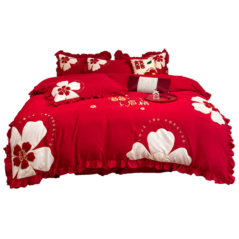 热销新中式结婚四件套2024新款婚房床单喜被婚嫁床上用品新婚嫁大 - 图2