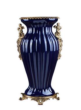 创意家居陶瓷配铜花瓶美式欧式软装饰品仿真花桶瓷器客厅玄关摆件