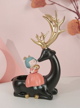 创意礼品ins风鹿女孩树脂收纳家居装饰工艺品摆件鹿摆件厂家直销