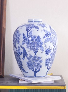 景德镇客厅摆件青花大肚福容瓶蓝色瓷瓶陶瓷花瓶博古架装饰品