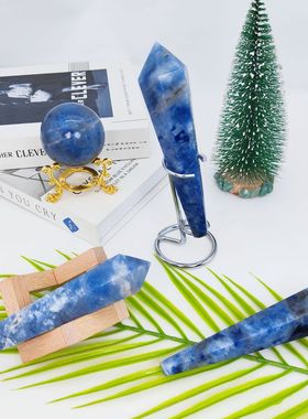 源头厂家直发天然荧光蓝纹石权杖单尖柱六棱柱球水晶装饰摆件水晶