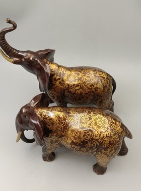 热销古玩铜器收藏铜摆件吉祥如意鎏金红铜铜象一对家居装饰工艺品