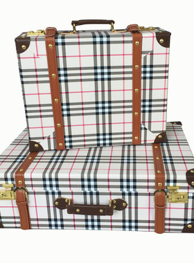 热销装饰样板房软装手提箱米色格子纹收纳箱卧室衣帽间简约皮质箱