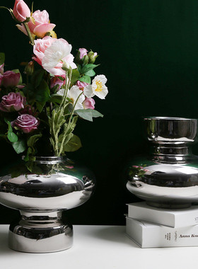 热销现代简约电镀银色花器轻奢陶瓷花瓶餐桌样板间插花茶几客厅摆