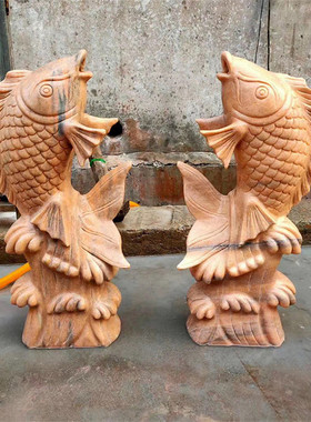 热销石雕喷水鱼晚霞红吐水喷园林水池造景酒店庭院鲤鱼泉池流水摆