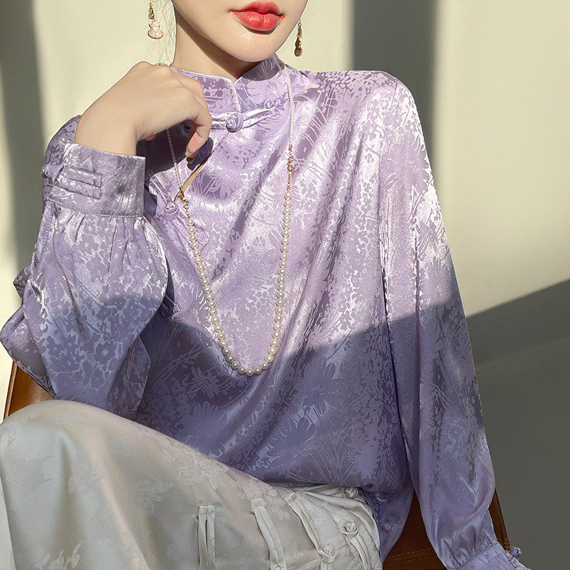 新中式国风缎面衬衫女提花盘扣时尚百搭宽松气质打底,淘宝优惠券,粉丝福利购,淘宝优惠卷