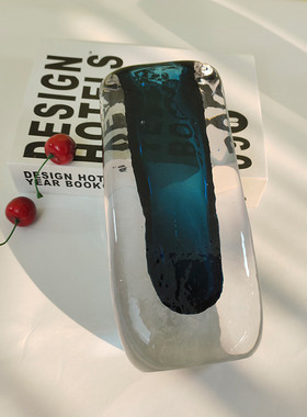 热销客厅创意琉璃超厚深蓝花瓶摆件样板房现代餐桌插花花器玻璃装