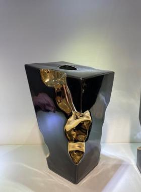 创意黑色镀金陶瓷花瓶摆件现代简约时尚家居装饰品客厅台面摆设