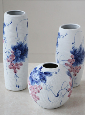 现代田园中式台面花瓶景德镇客厅装饰摆件花插干花花瓶三件套陶瓷
