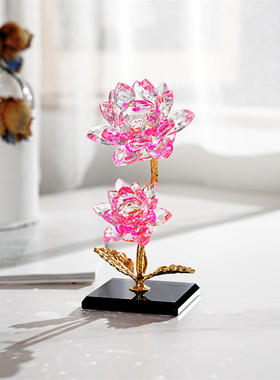 水晶双生好运家居摆件珠宝柜台玄关花莲花摆件合金双头花厂家直销