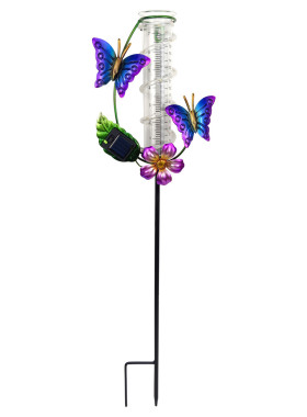 直供铁艺太阳能花园插件户外蝴蝶玻璃量雨管工艺品金属庭院