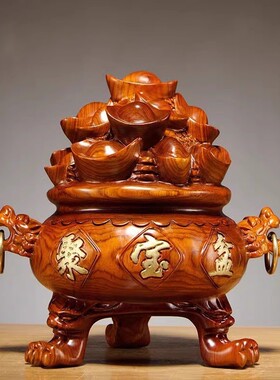 花梨木雕聚宝盆摆件雕刻工艺品红木装饰客厅办公公司摆件开业送礼
