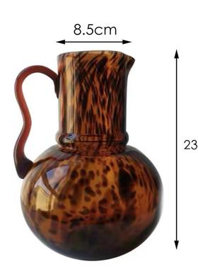 插花款欧美简约焦糖琥珀豹纹单耳手工玻璃插花瓶家居装饰摆件爆器