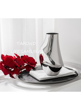 热销器不锈钢电镀花瓶摆件样板房软装家居客厅银色干花插花轻奢摆