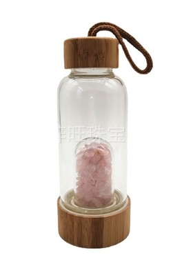 热销竹盖水晶碎石能量杯水瓶玻璃瓶茶杯健康运动水瓶印制logo