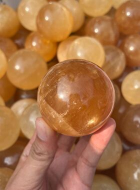 1kg热卖天然冰洲石方解石球桌面摆件水晶工艺品橙色疗愈冥想