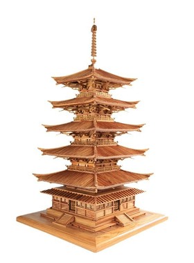 【全贺】原木雕刻式五重塔古建筑模型纯手工唐实木摆件文化礼品