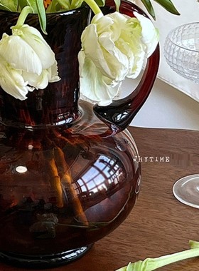 热销玳瑁中古法式风花瓶豹纹棕色高级提壶纯手工琉璃琥珀家居摆件