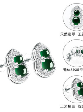 天然A货翡翠墨翠葫芦冰种玉石耳钉时尚S925银镶嵌耳饰女士款饰品