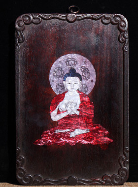 古玩杂件做旧仿古檀木镶嵌贝壳大唐卡佛祖日佛祖唐嘎挂屏