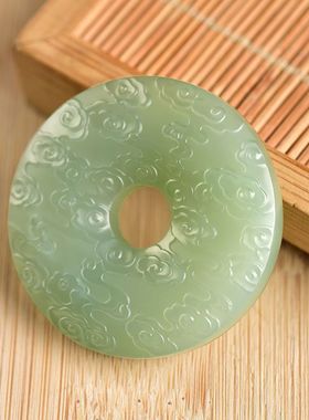 天然和田玉色青白玉平安扣吊坠祥云纹挂坠玉坠项链男女情侣玉佩