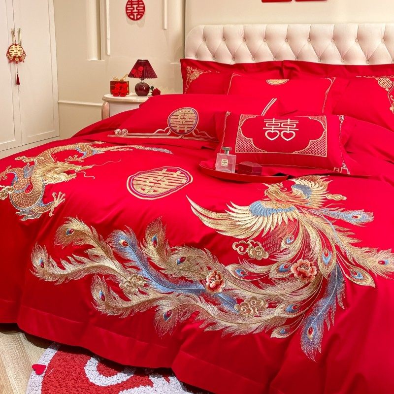 高档中式龙凤刺绣结婚四件套大红色被套纯棉全棉婚庆床上用品婚房,淘宝优惠券,粉丝福利购,淘宝优惠卷