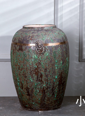 景德镇新中式复古陶瓷花瓶客厅玄关插花落地三件套旧花器做粗陶摆