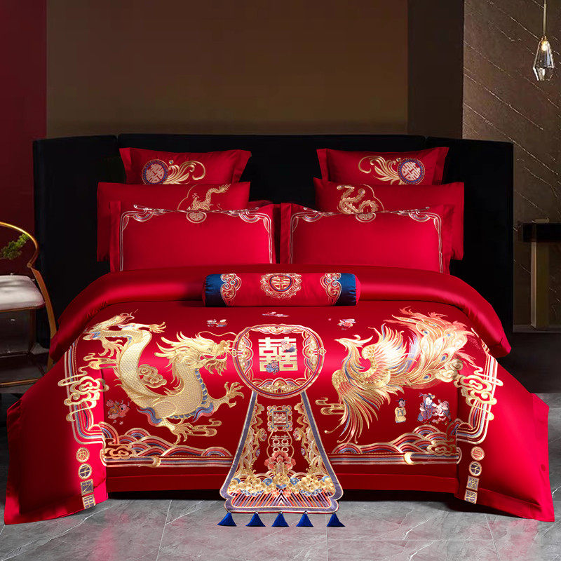 新婚庆四件套大红全棉刺绣结婚房嫁喜被龙凤纯棉六十件套床上用品,淘宝优惠券,粉丝福利购,淘宝优惠卷