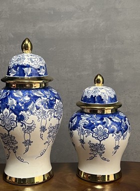 热销新中式青花电镀金色蓝釉轻奢陶瓷将军瓶客厅酒店样板房摆件花