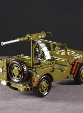 热销道具铁皮骑车卡车军车老爷车吉普车模型复古摆件金属工艺品装