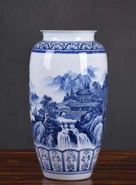 中式手绘陶瓷花瓶青花瓷山水落地摆件客厅插花器电视柜书房工艺品